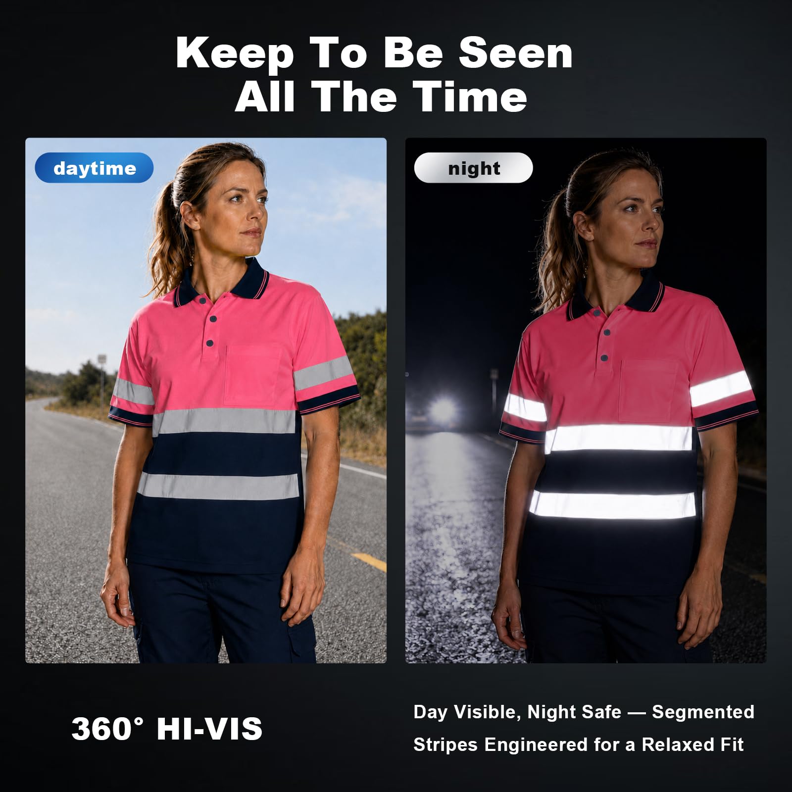 SMASYS Polo de seguridad, construcción reflectante, ropa de trabajo de alta visibilidad, camisetas con bolsillos para mujeres y hombres, rosa- azul marino, 5XL