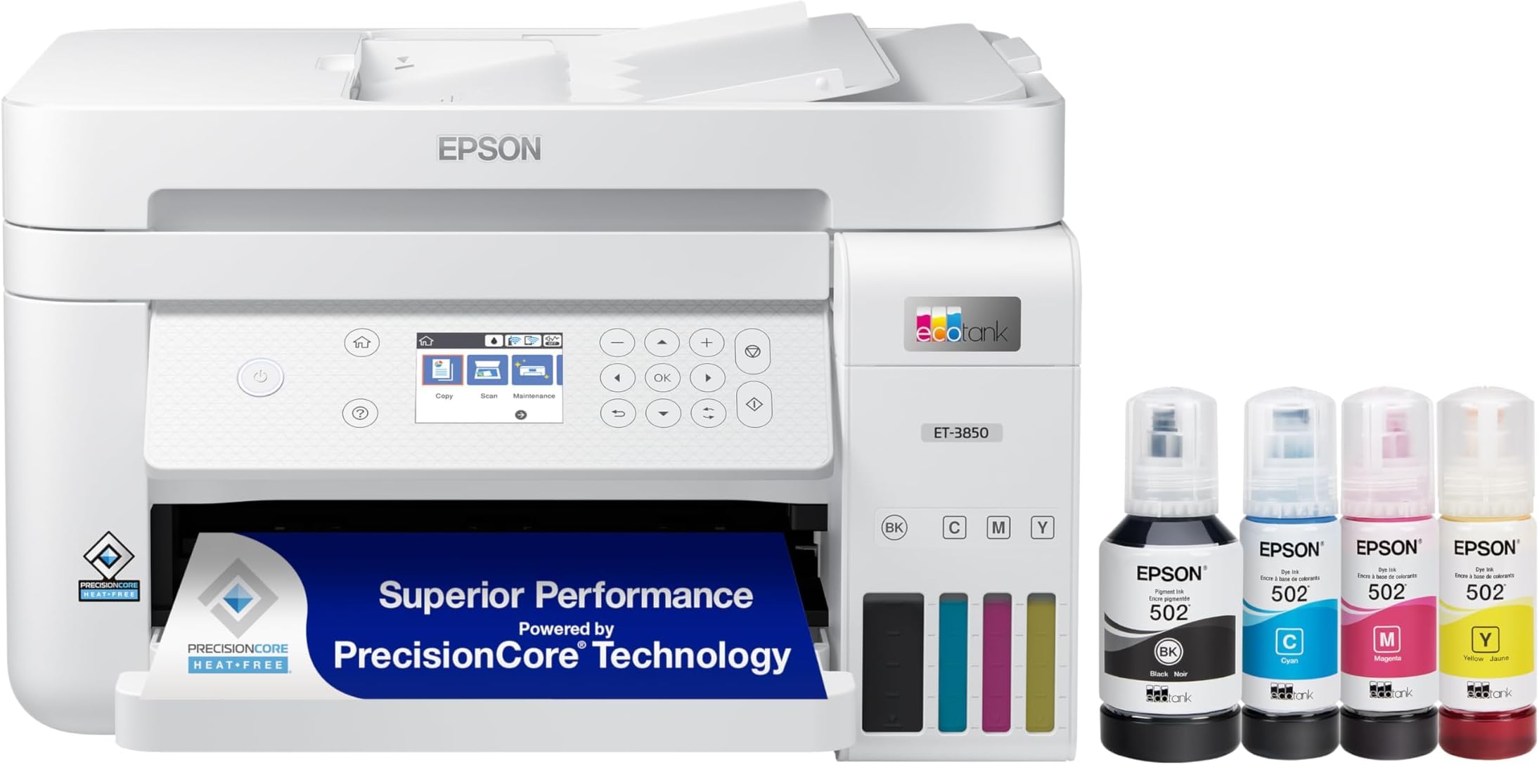 Epson EcoTank ET-3850 Wireless Color All-in-One Cartridge-Free Supertank Printer with Scanner, Copier, ADF and Ethernet – White (Renewed)