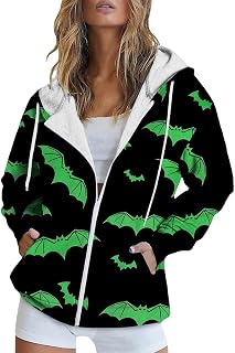 CreoQIJI Women's Winter Jumper Halloween Printed Jacket with Hood and Pull-Out Zip Pocket Half Coat Women