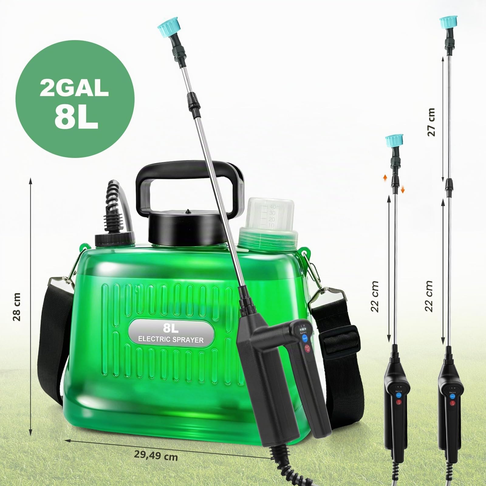 SideKing Pompa Irroratrice a Batteria 8L, Pompa per Diserbante per Giardino con Impugnatura a 3 Velocità, 4 Ugelli, Lancia Telescopica e Tracolla, Spruzzatore Elettrico per Prato, Vialetti e Piante