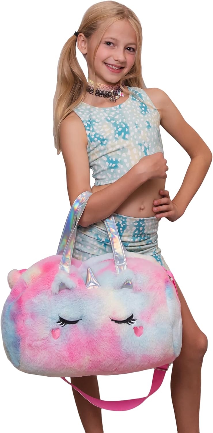 Kids Unicorn Duffel Bag - Rainbow Tie Dye Plush Overnight Weekender Bag for Girls, Cute Furry Travel Tote with Shoulder Strap Birthday Gift