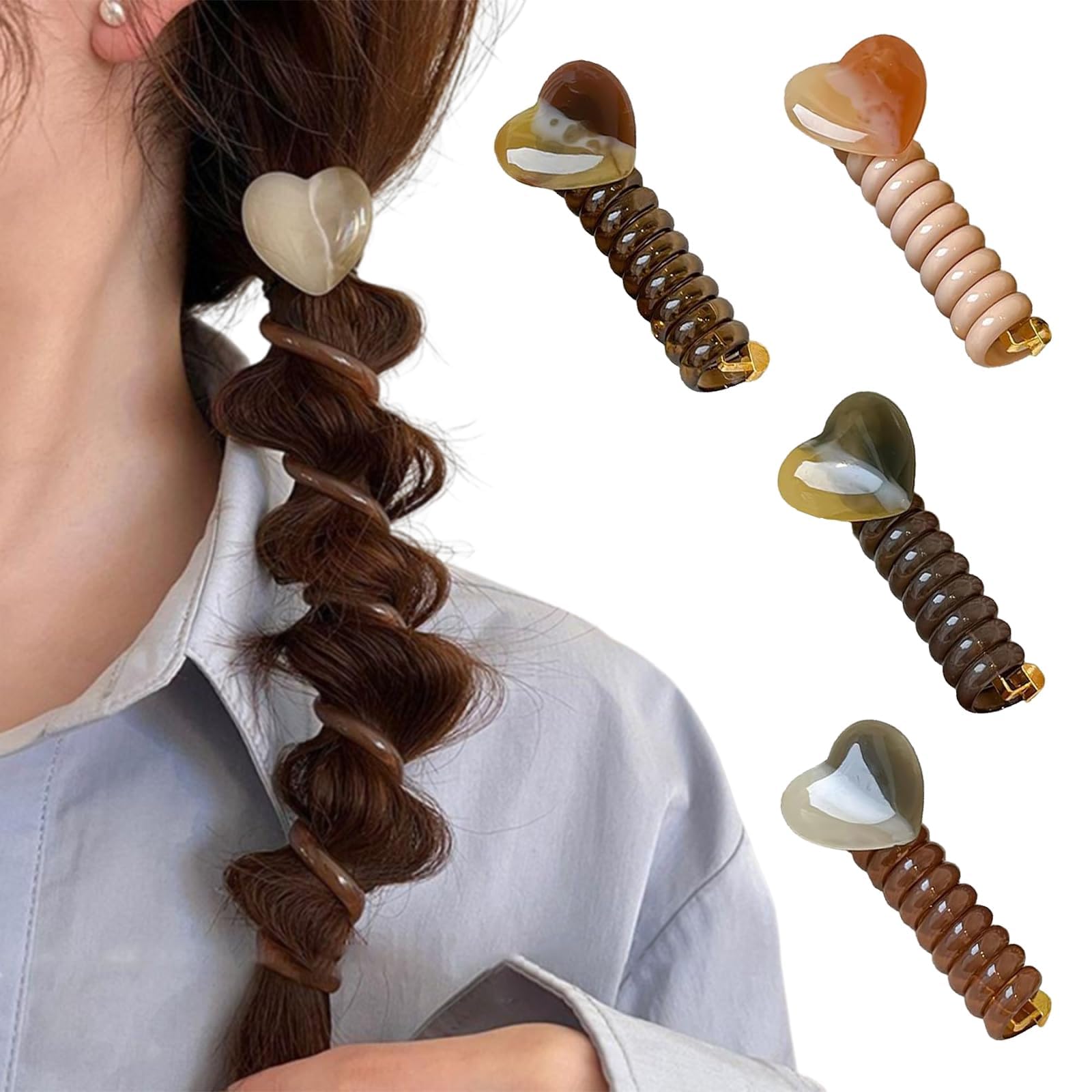 Telephone Wire Hair Bands with Resin Heart Spiral Elastic Hair Ties for Ponytail Holders Phone Cord No Damage Coil Hair Accessories for Women Girls Decor-image-49