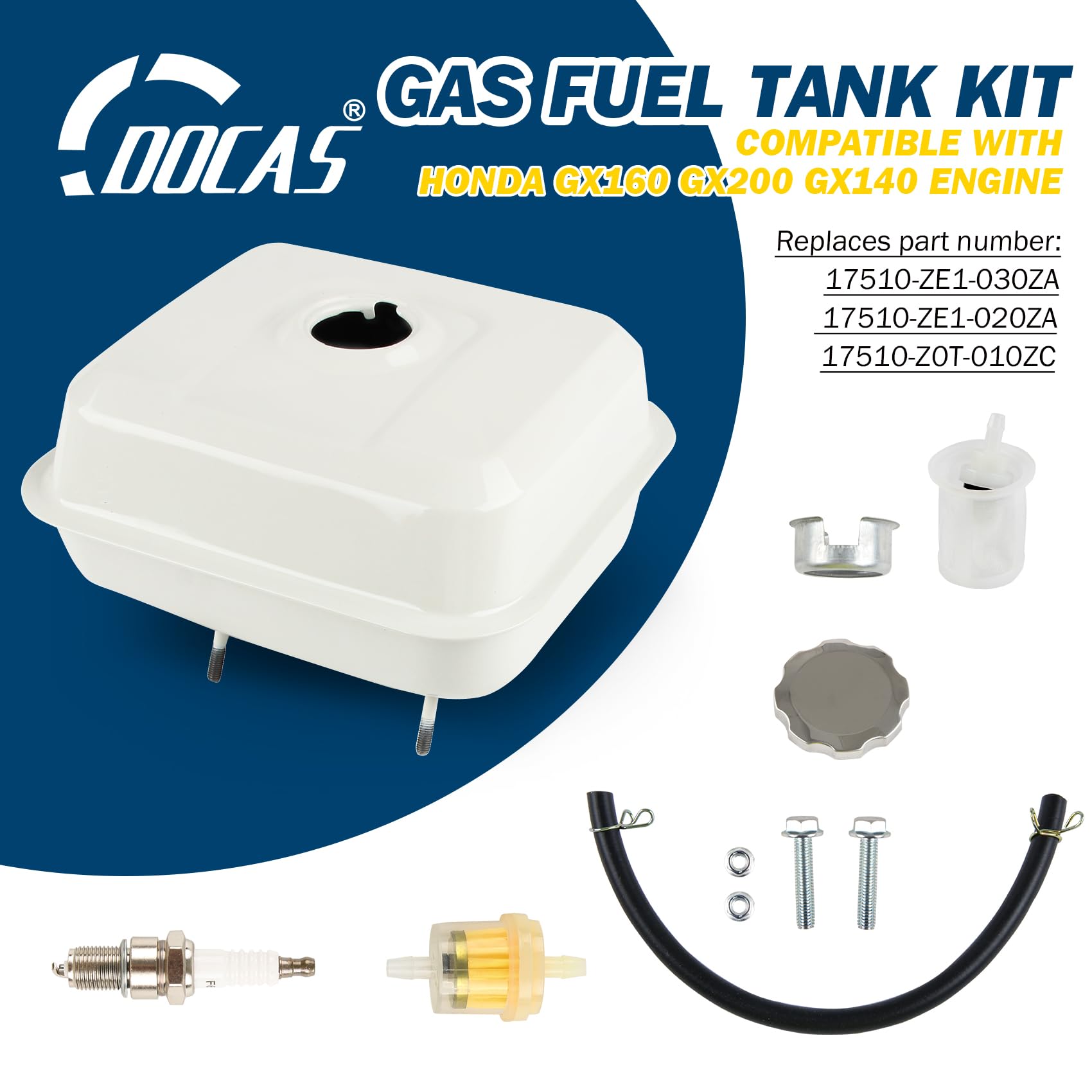 DOCAS Kit de Depósito compatible para Honda GX140 GX160 GX200 5.5HP 6.5HP motor con tapa de combustible + bujía + filtro de combustible + línea de combustible