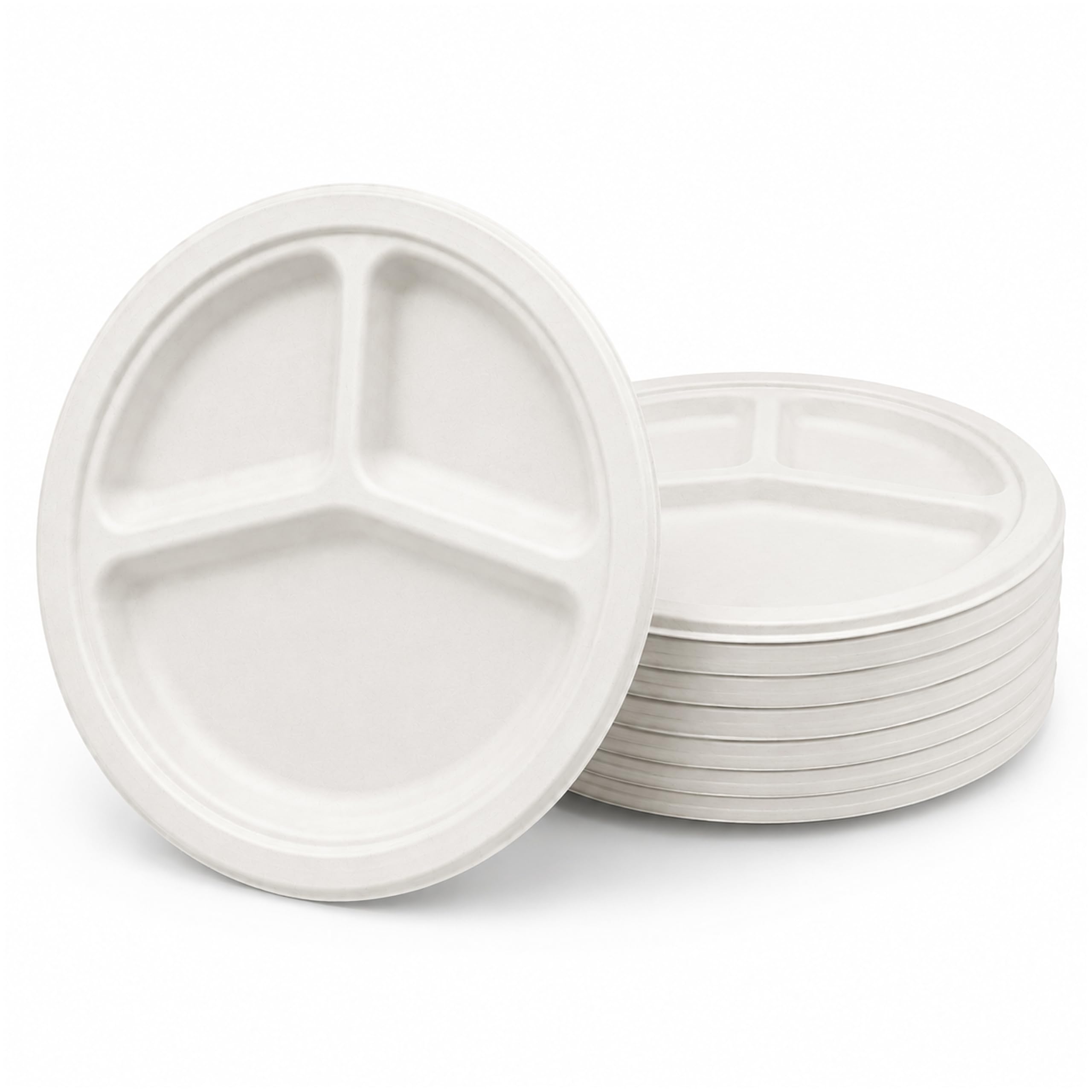 DID 10 Inch 3 Compartment Biodegradable Bagasse Plates, Compostable Disposable Eco Friendly Party Dinner Plates, Oil Water Resistant, Microwave Freezer Safe, White Tableware Set Use (Pack of 6)