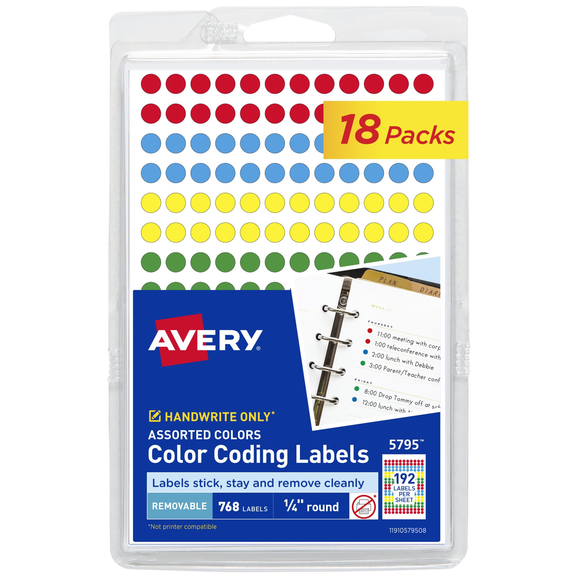 Avery Etichette rimovibili per codifica a colori, 0,6 cm, assortite, rotonde, 18 confezioni (5795)