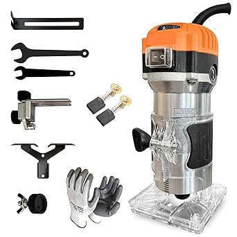 NY POWER TOOLS NY-TVS036 Variable 6-Speed Metal Body Wood Trimmer/Router (6-6.35MM) With 6-Pieces Different Shaped 6.35MM Router Bit Set 6MM 6.35MM and 8MM Collets 3M long Cord+Saftey Hand Gloves