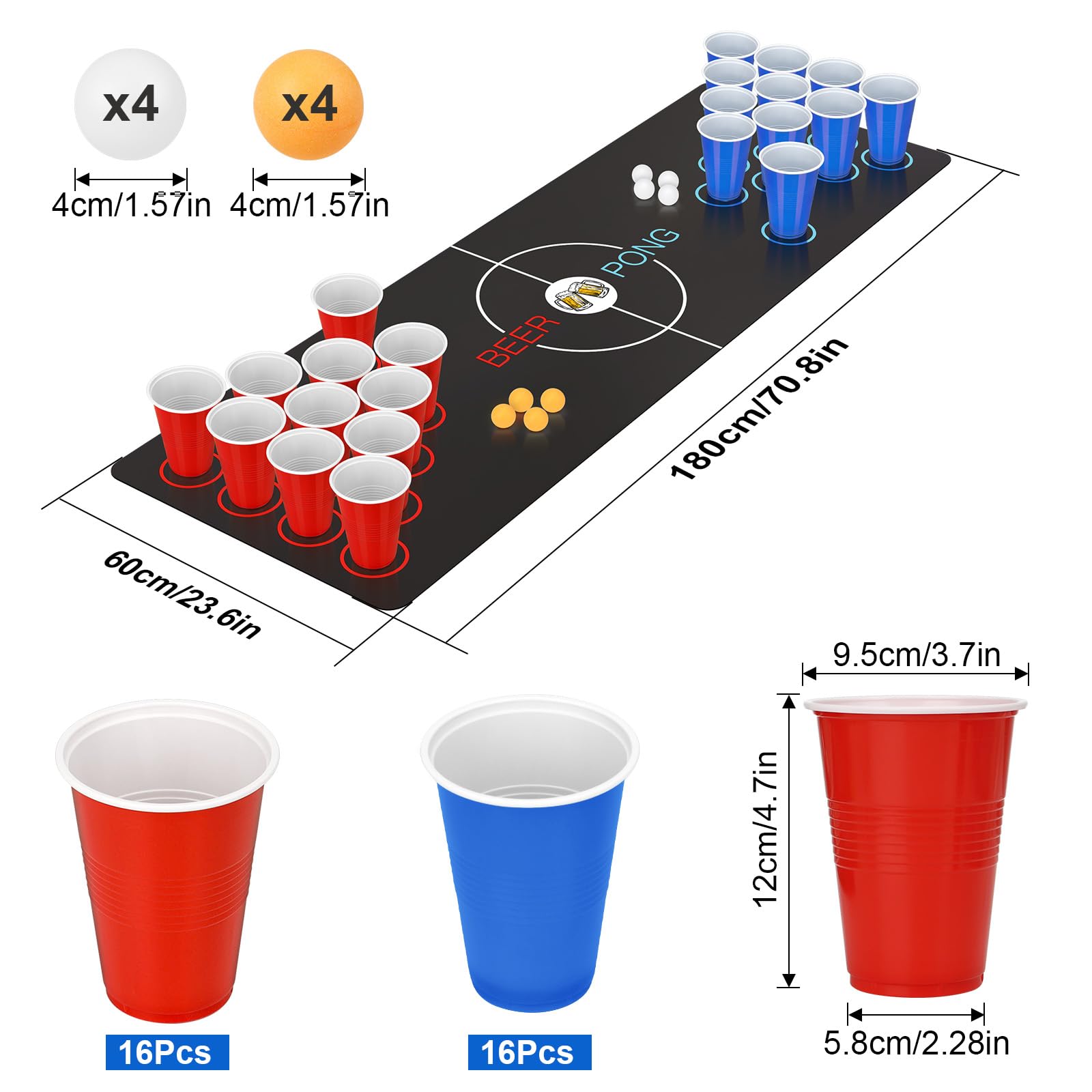 Beer Pong, Jeux à Boire Gobelets, 32 Réutilisables Tasse de Bière Pong (16 Rouge + 16 Bleu) , 8 Balles e 1 set de table, Réutilisables, pour Une Réunion D'Amis,Enterrement de Vie de Jeune Fille