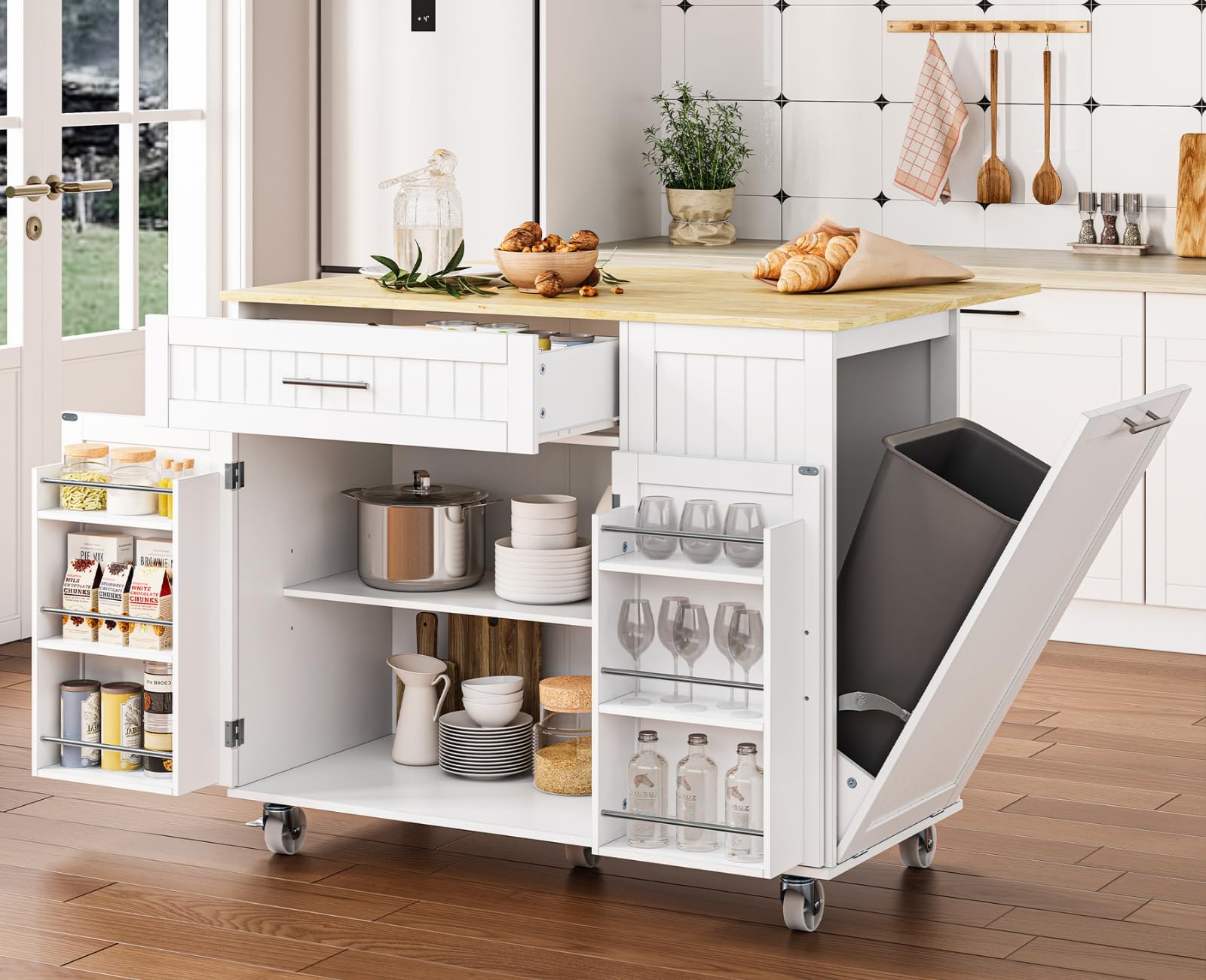 OtterOasis Kitchen Island with Storage, 31.5" D Rolling Kitchen Island Cart on Wheels with Widen Drop Leaf Rubberwood Top, Large Mobile Kitchen Islands with Trash Can Storage and Towel Bar, White