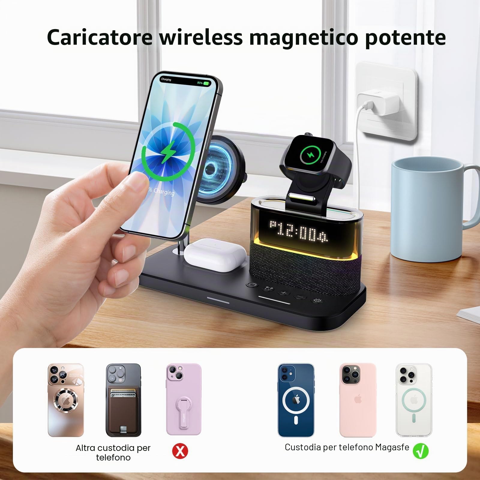 Caricabatterie wireless 5 in 1 con sveglia, stazione di ricarica wireless con luce notturna compatibile con iPhone 17 16 15 14 13 12 Pro Max, Apple Watch e auricolari con ricarica wireless (Nero)