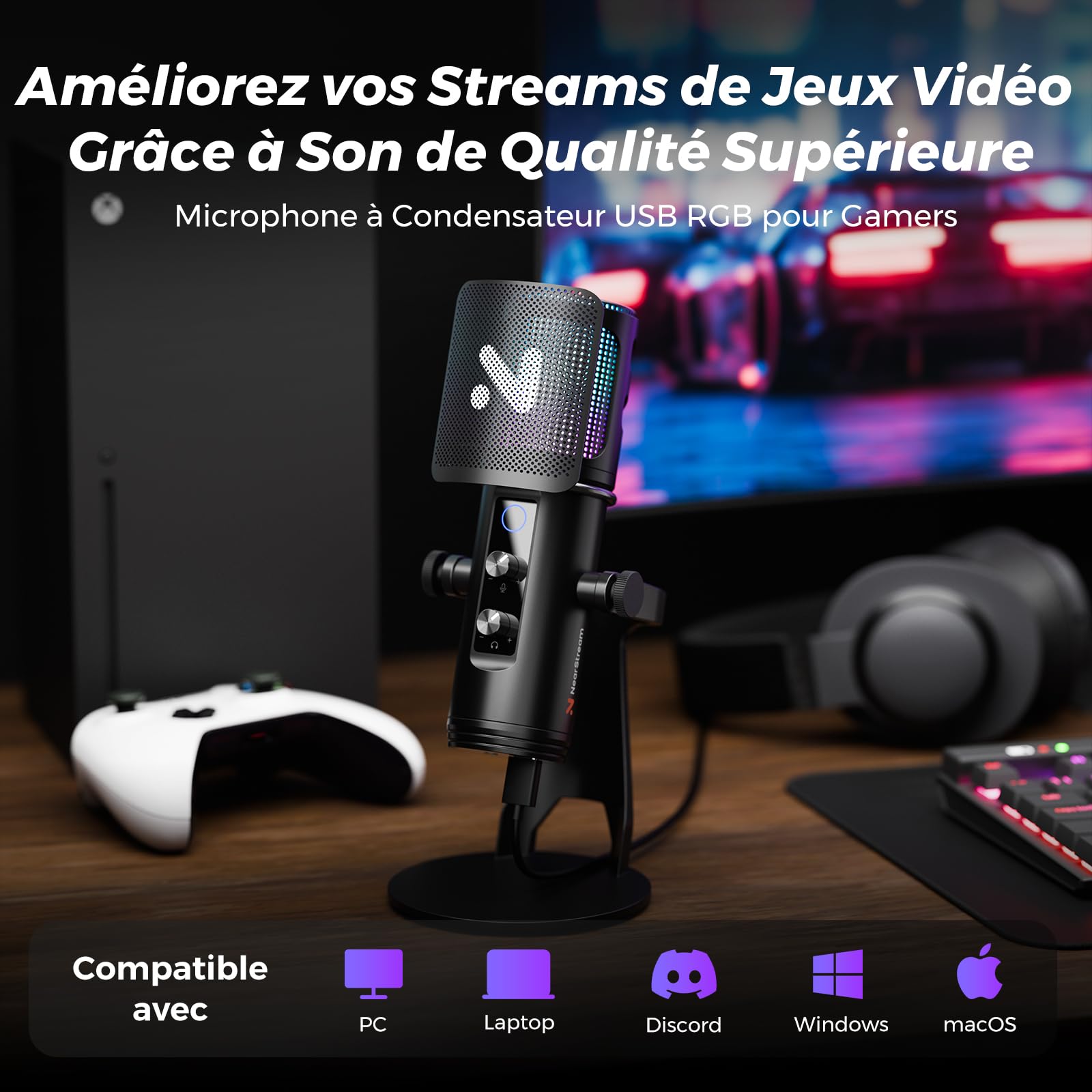 NearStream Microphone Jeu RVB USB à Condensateur Professionnel pour PC PS4 PS5, Micro Gaming avec Suppression du Bruit & LED RVB& Surveillance Audio en Temps Réel &Sourdine& Filtre Anti-Pop, AM35U
