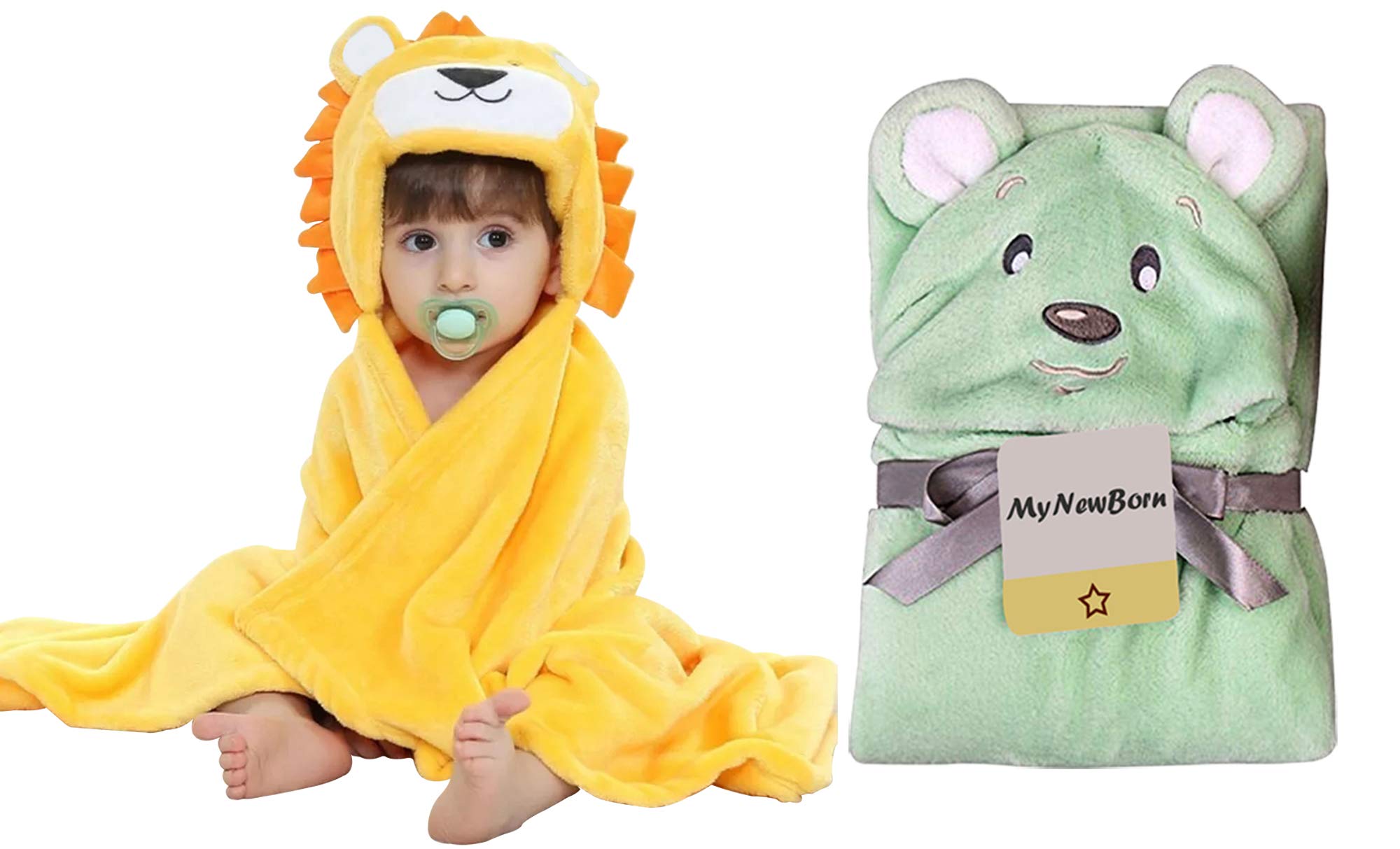 MY NEWBORN Baby Blanket Hooded Cartoon for Boys and Girls- Combo of 2 Yellow Green