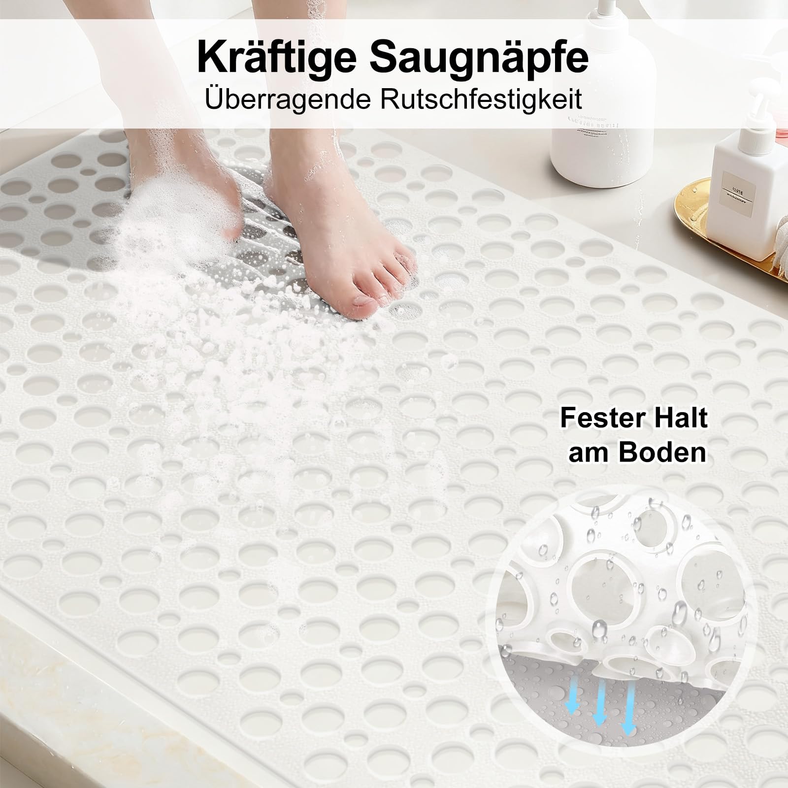Alfombrilla de ducha antideslizante de 60 x 90 cm – Alfombrilla antideslizante para la ducha de material TPE suave con ventosas y grandes agujeros de drenaje, secado rápido y lavable a máquina