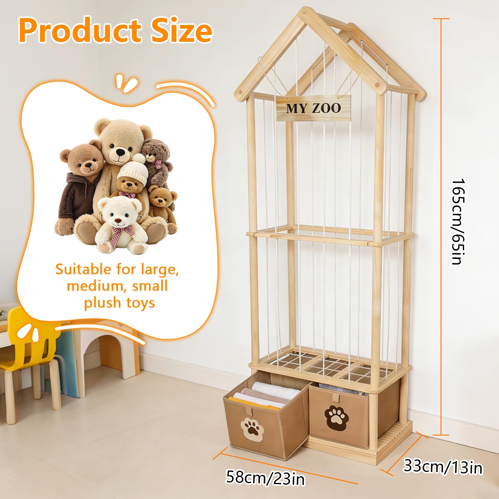 165x58x33cm Plüschtier Aufbewahrung aus Holz mit 2 Schubladen, Massivholz Kiefer Kuscheltier Organizer, Hohes Plüschtier Regal für Kinderzimmer, Spielzimmer & Nursery