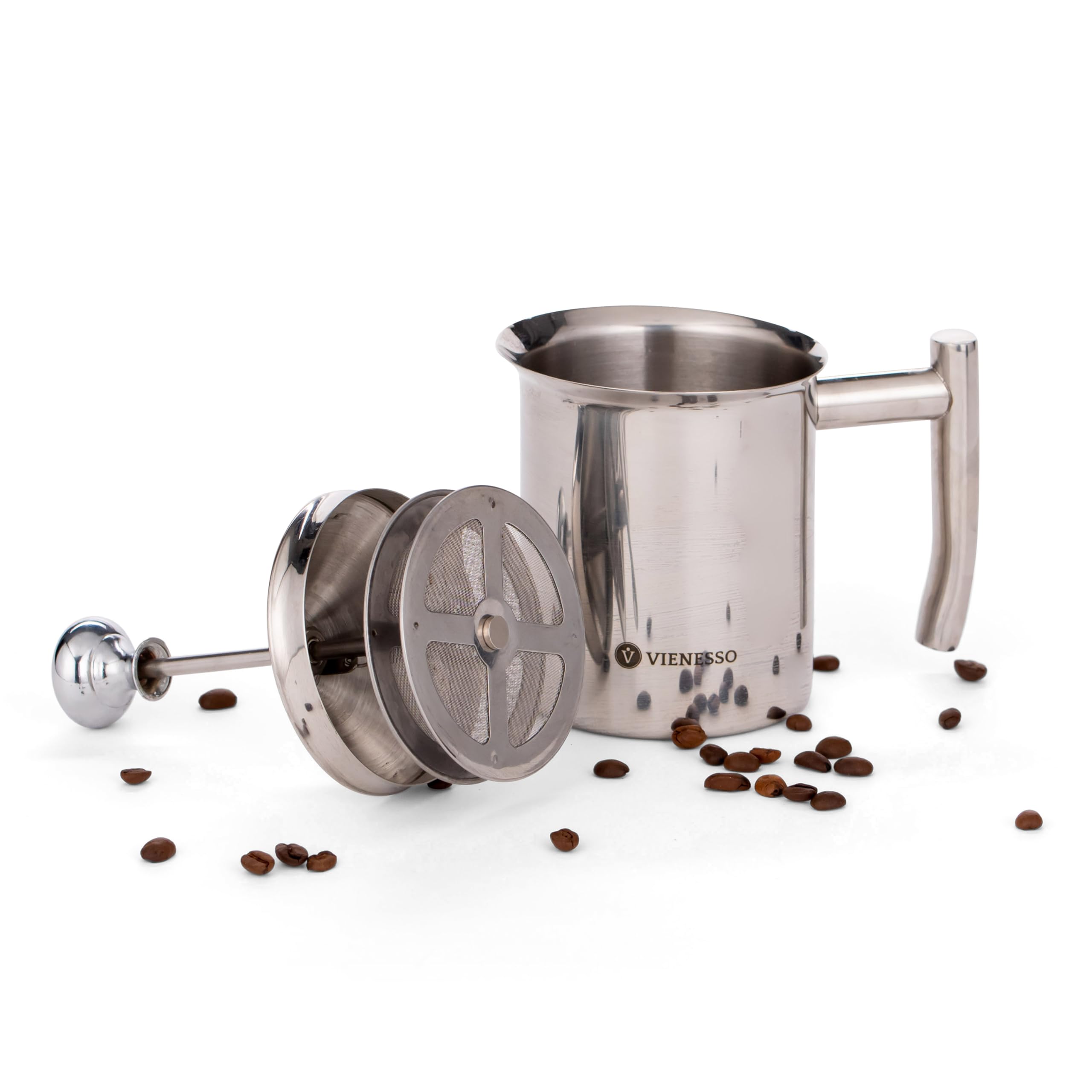 Mousseur à lait manuel en acier inoxydable avec double passoire I Mousseur à lait pour mousse de lait crémeuse pour spécialités de café, Milk Frother (argenté, 400 ml)