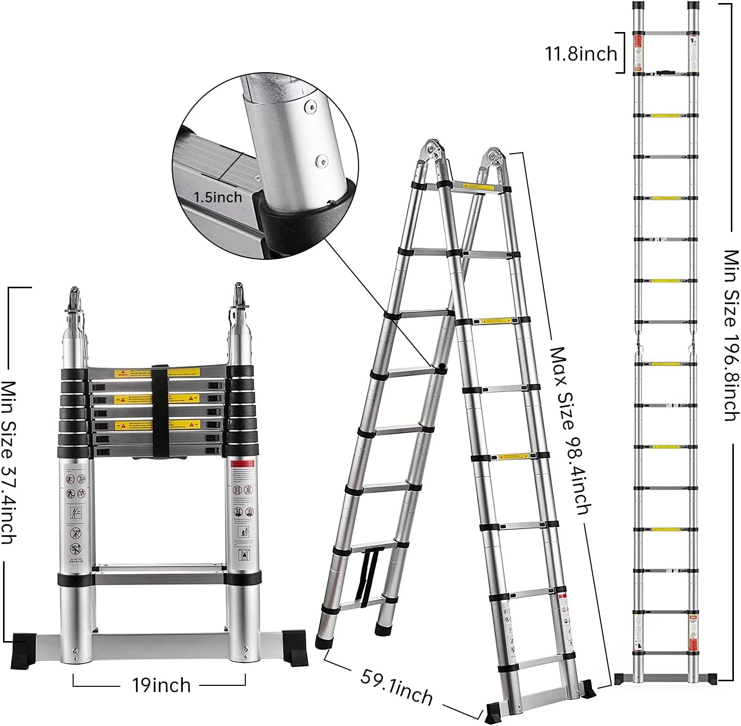 Pro Aluminum Telescoping Ladder 16.5 FT, Extension Ladder 2-in-1, Multi-Purpose Ladder (LD-5000) - - 