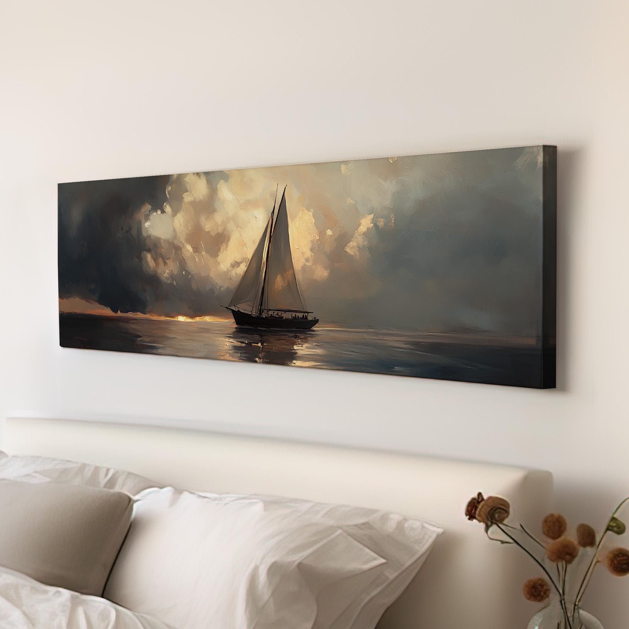 Dipinto ad olio vintage con panorama di una spiaggia e barca a vela, stampa su tela a tema nautico, poster di tramonti costieri (20x60 cm/cornice interna)