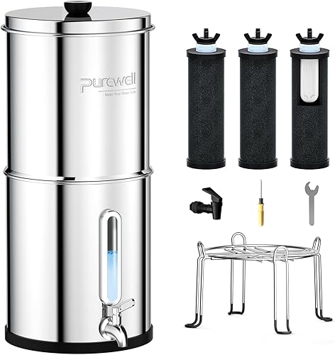 Purewell Sistema de filtro de agua alimentado por gravedad de 0.08 oz con 3 filtros, sistema de encimera de acero inoxidable de ultrafiltración de 3