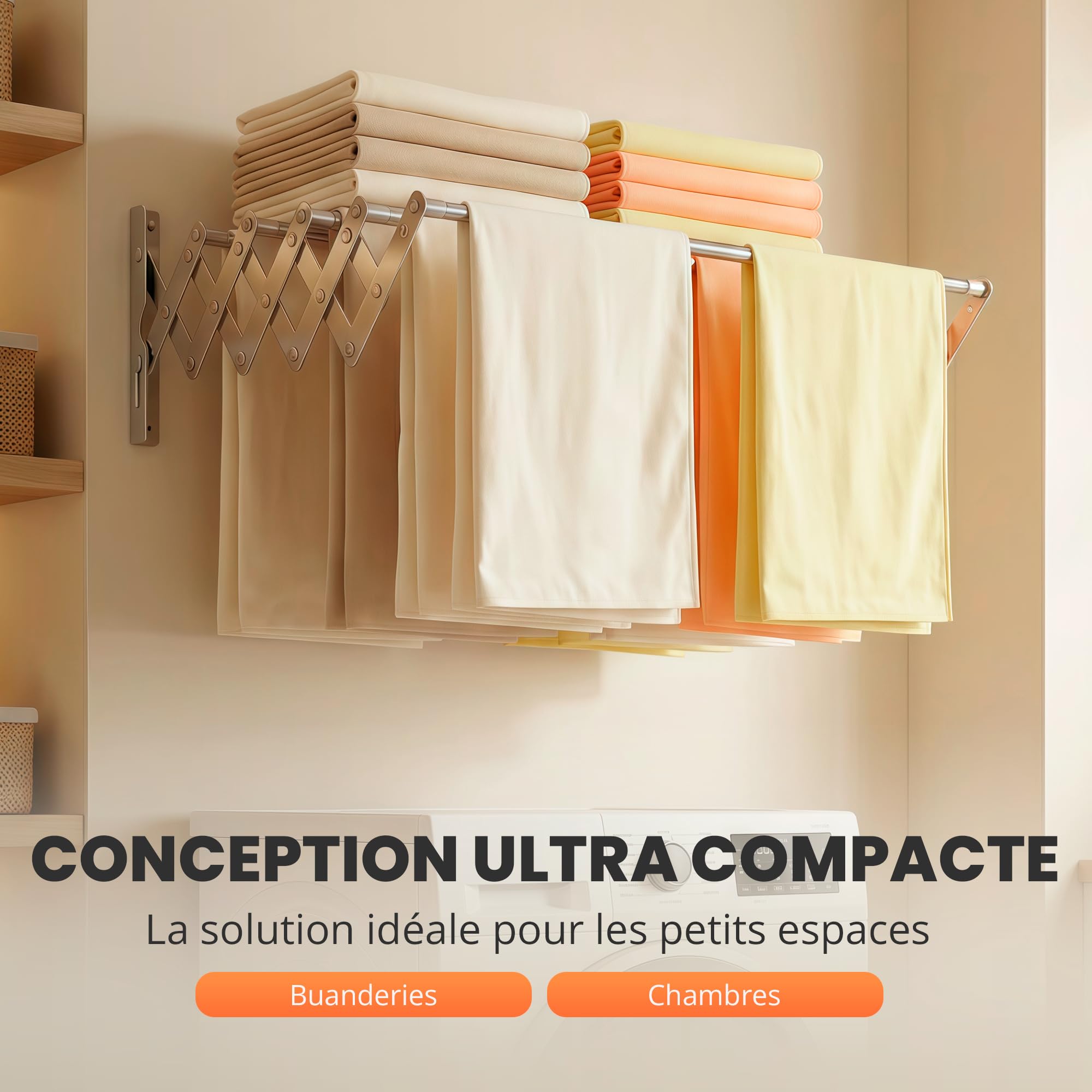 JUPPLIES Étendoir Mural Rétractable 160 cm – Séchoir à Linge Pliable pour Intérieur et Extérieur – 5 Barres INOX Résistantes, Installation Facile et Pinces Incluses