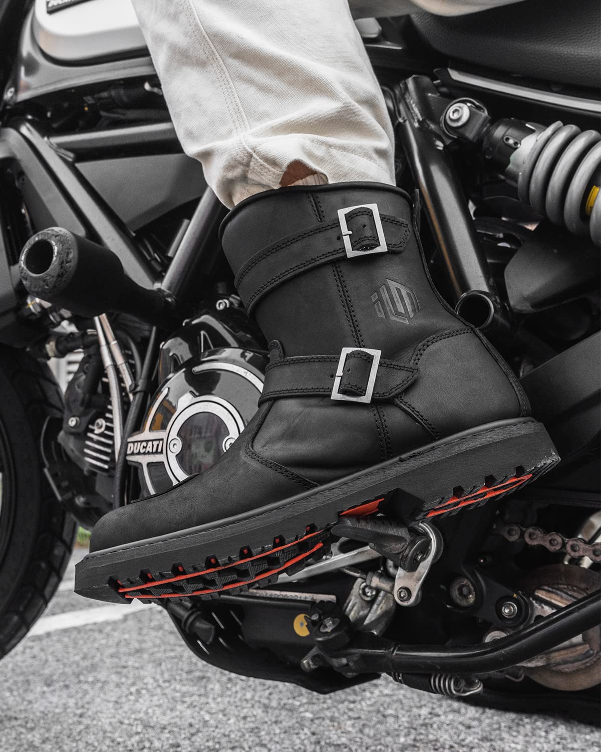 ILM Bota de Moto de Cuero Hombre Mujer Negro con Cremallera Lateral M1005