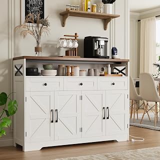 FiveWillowise 51" Farmhouse Buffet Sideboard Cabinet with Charging Station, 3 Drawers, Barn Doors - White Kitchen Pantry Storage Hutch