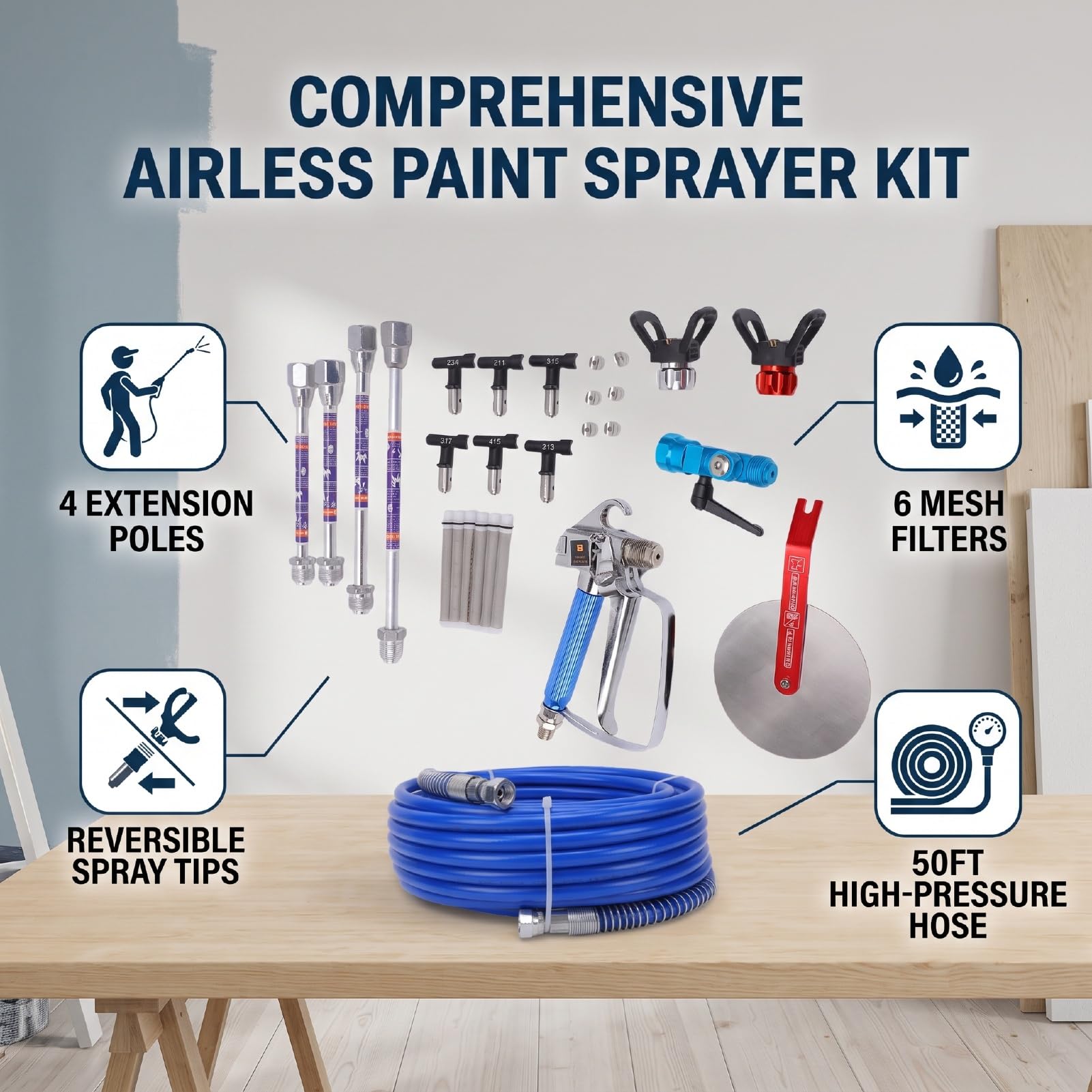 Kit de Pulverizador de Pintura sin Aire con Manguera de 15 M y 6