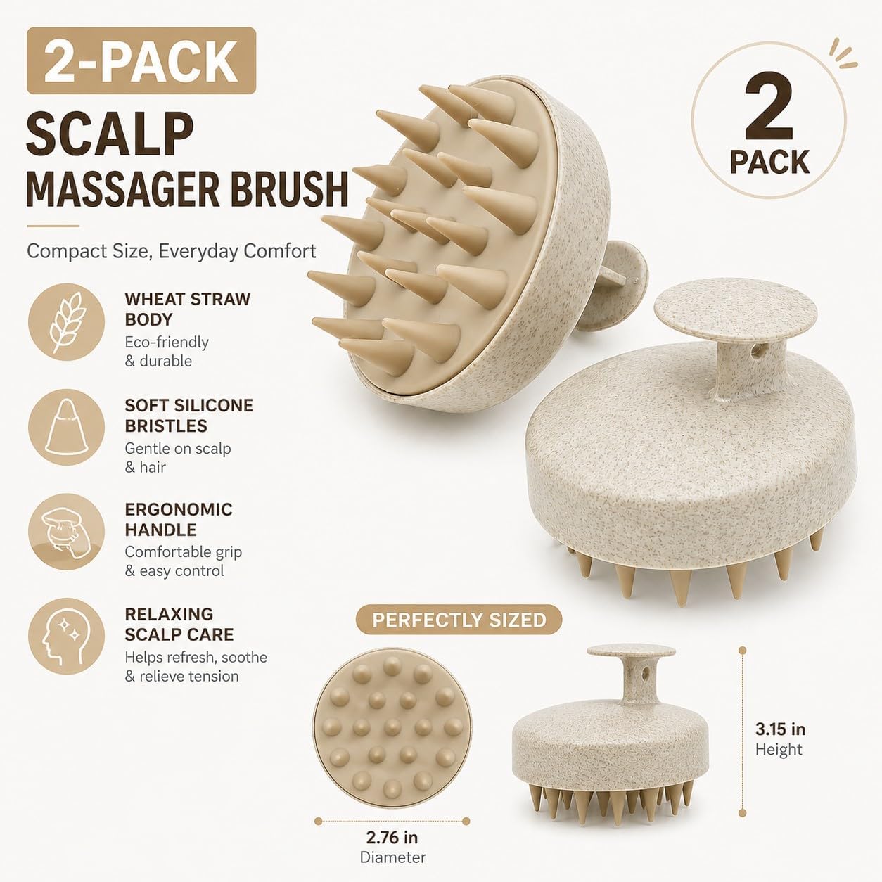 Scalp Massager Shampoo Brush 2-Pack, Hair Scrubber with Soft Silicone Bristles, Eco-Friendly Wheat Straw Head Massager for Dandruff Removal & Scalp Exfoliation, Wet/Dry Hair Cleaning Brush, Beige