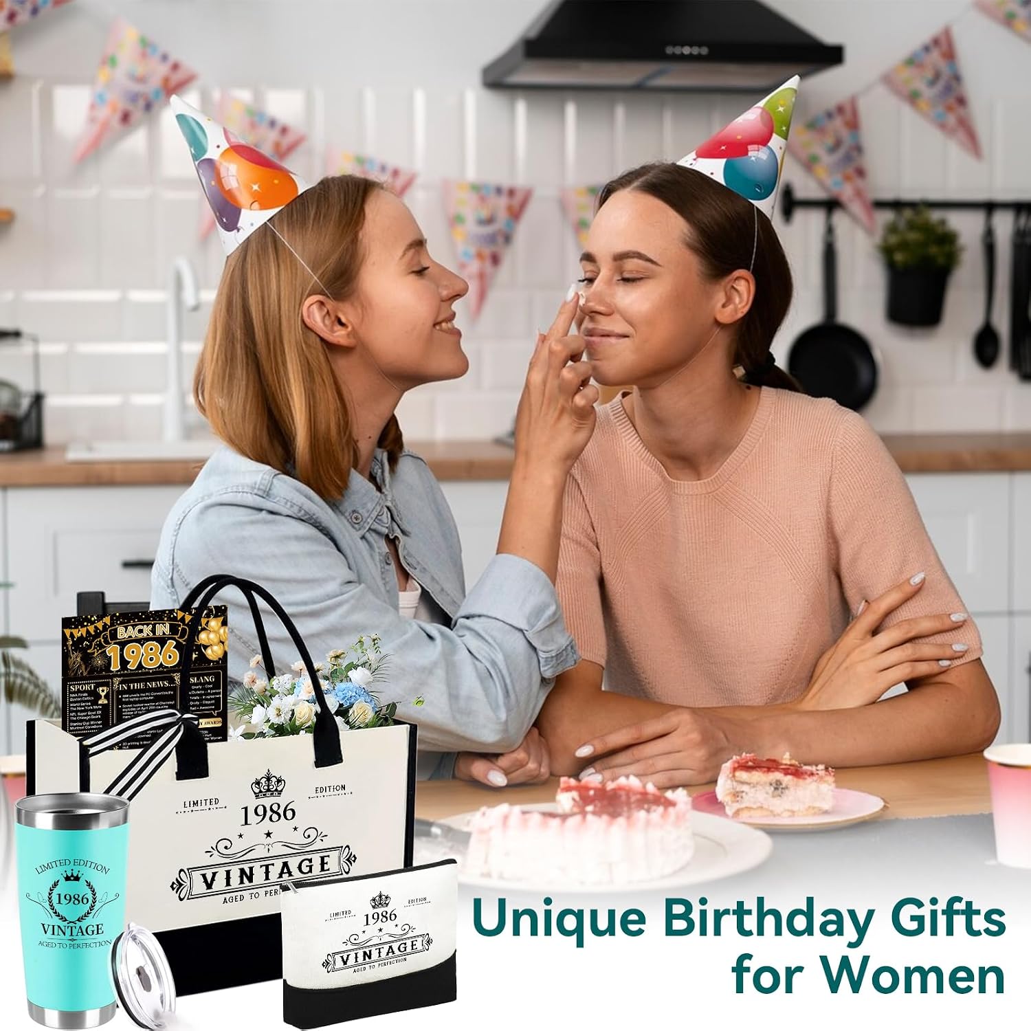 40th Birthday Gifts for Women Her- 4 pcs, Turning 40 Year Old Gifts, Birthday Decorations Canvas Beach Tote Bag & Makeup Bag, Unique Happy 40th Present for Her Mom Wife Friends image 2