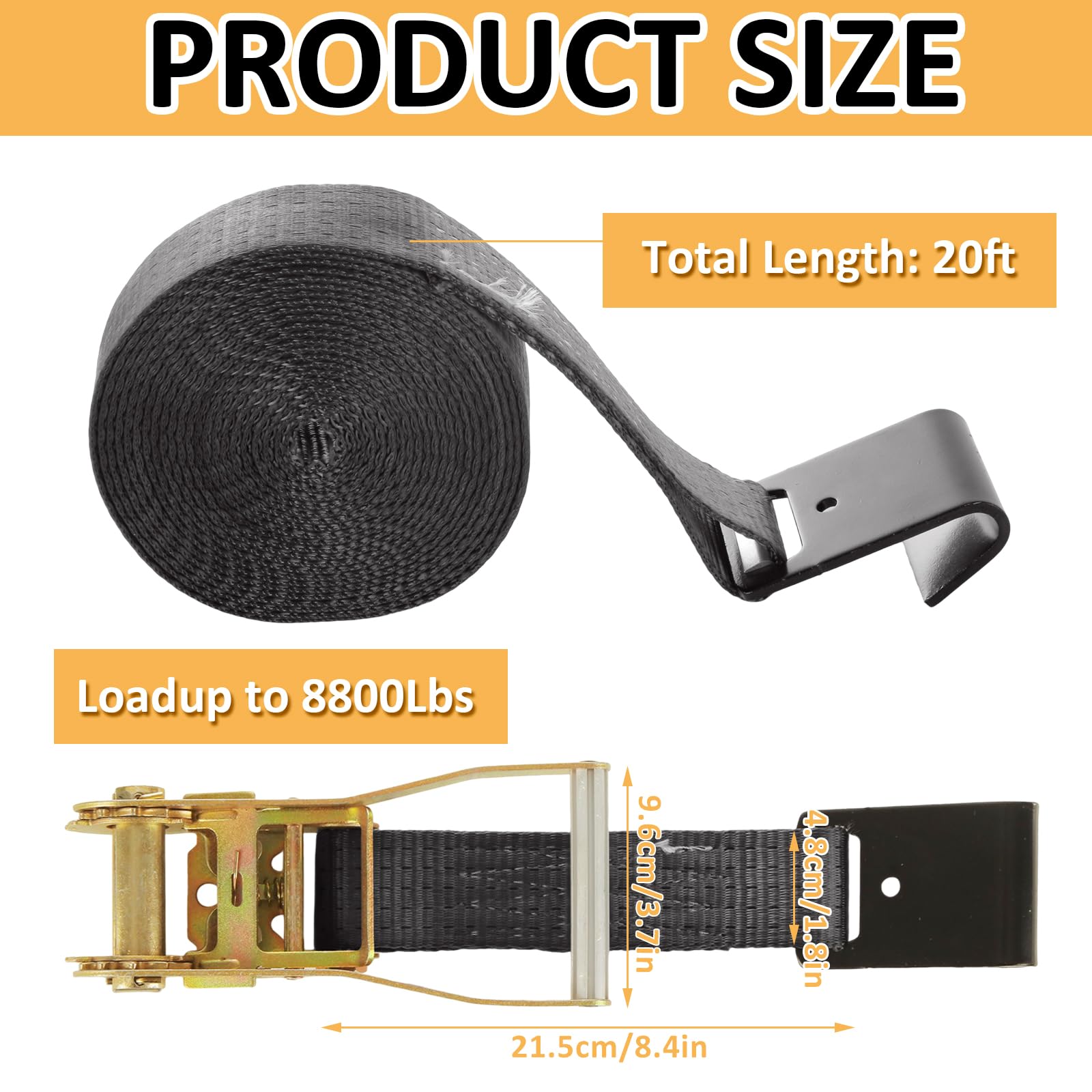 DAJAVE Confezione da 4 cinghie piatte a cricchetto, 5,1 cm, resistenti, 6 m, resistenza alla rottura 4535,9 kg, cinghia a cricchetto per traslochi, pianale, camion, rimorchi, colore nero
