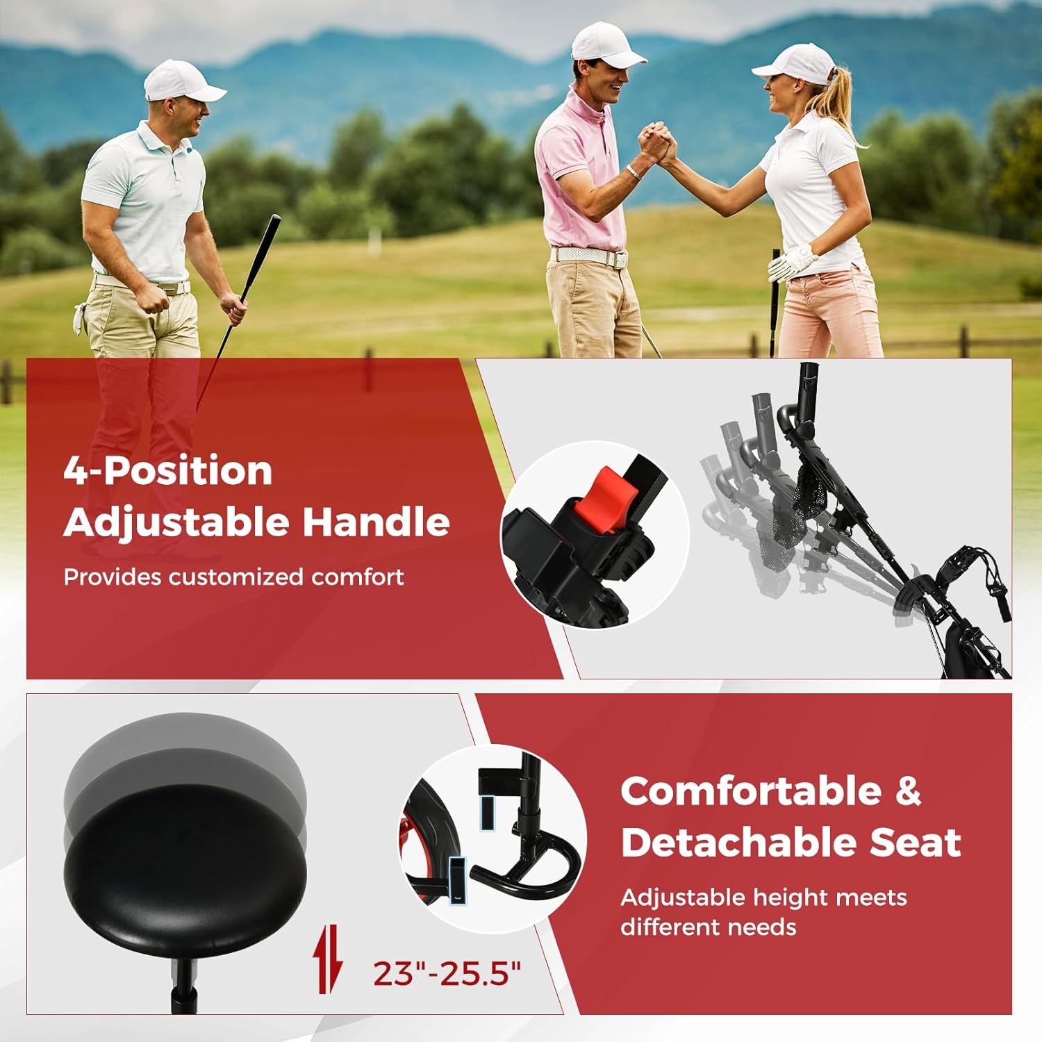 ULTIMATE 3 Wheel Golf Push Pull Cart, Foldable Lightweight Golf Bag Trolley w/Adjustable Seat and Handle, Scorecard Holder, Umbrella Holder, Cup Holder, Storage Bag and Foot Brake