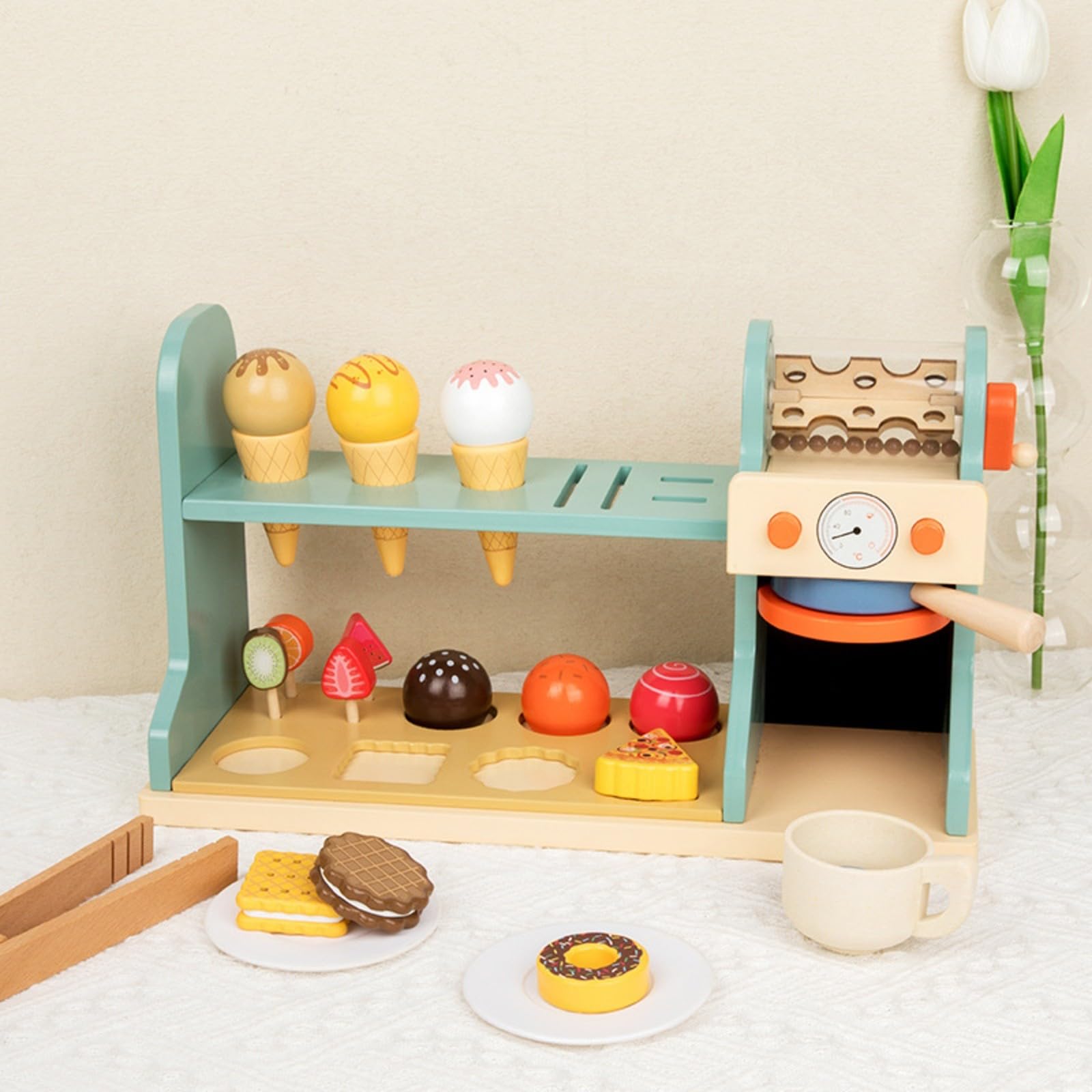 Negozio di Gelati e caffè Giocattolo in Legno Interattivo Caffetteria Giocattolo in Legno Non Tossico Set Gelateria con Accessori