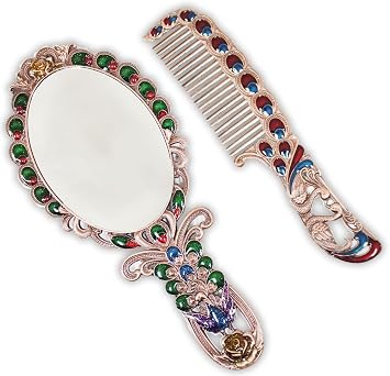 HOMEGARDEN Peacock-Design Hand Mirror & Comb Set | Multi-Colored | Brass Finish | 8.5" Mirror & 6" Comb | Decorative Vanity Accessory