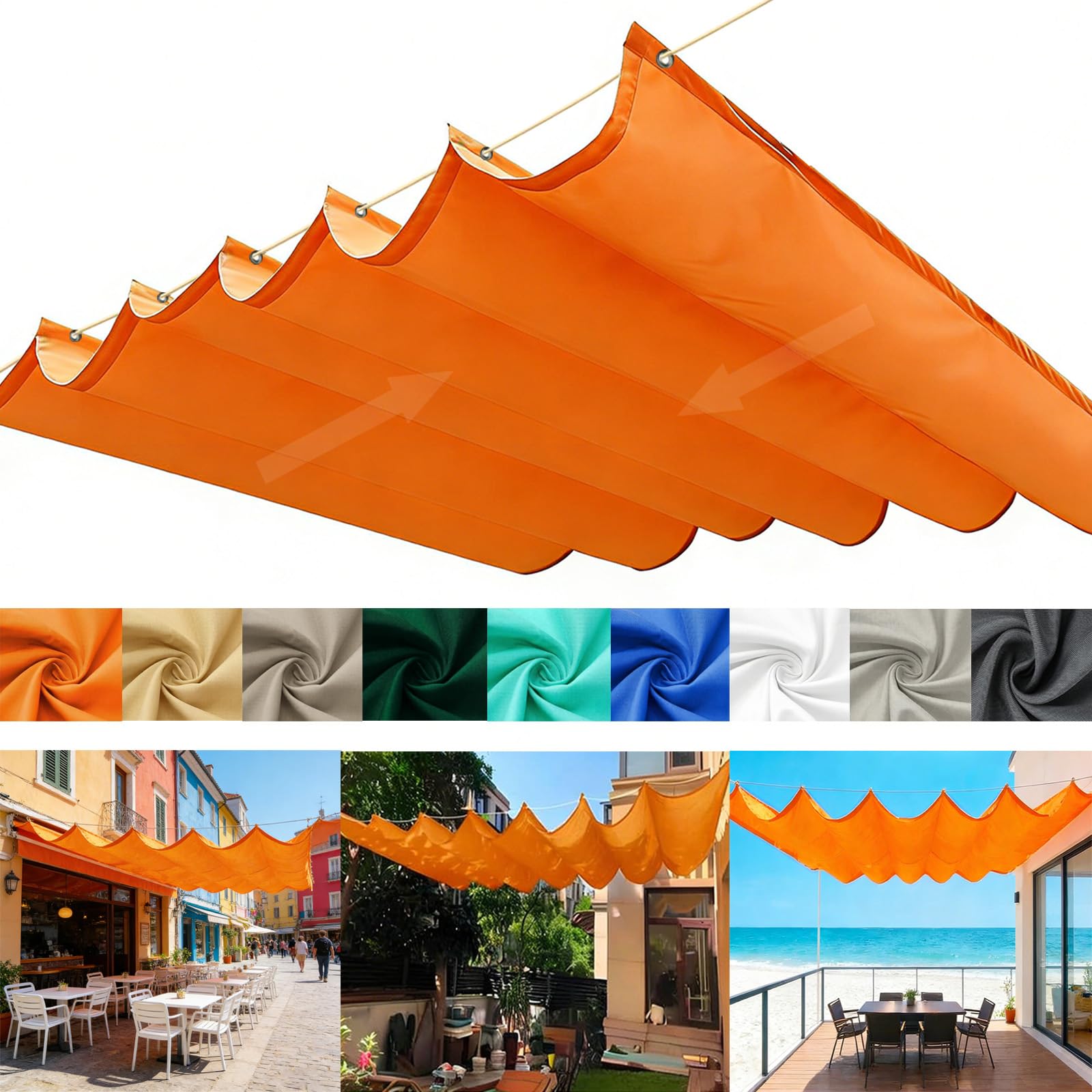 Retractable Wave Sun Shade Sail, Wave Awning Canopy with Eyelets and Rope, Adjustable Shade Cover Sun Protection Waterproof Outdoor Pergola for Outdoor Garden Patio Yard Lawn-Orange||250x900cm