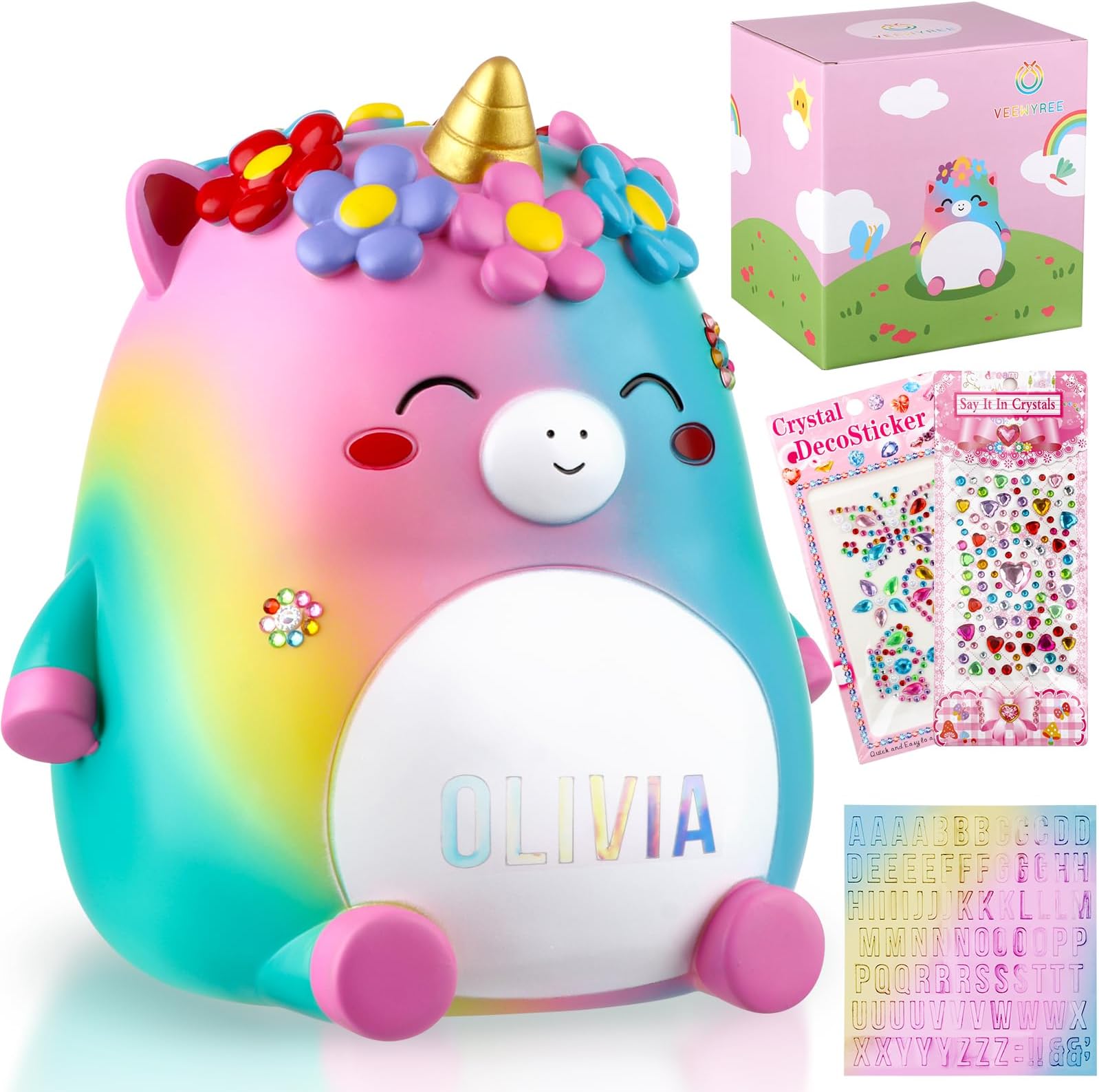 VeewyRee Unicorn Piggy Bank Girls Cute Rainbow Kids Piggy Bank for Girls