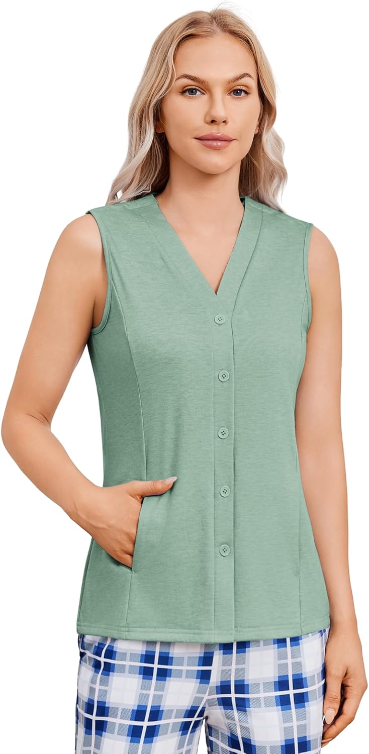 Deyeek Women's Mastectomy Shirts with Drain Pockets Post Shoulder Surgery Snap Tank Tops V-Neck Chemo Shirts for Ports Access - Image 4