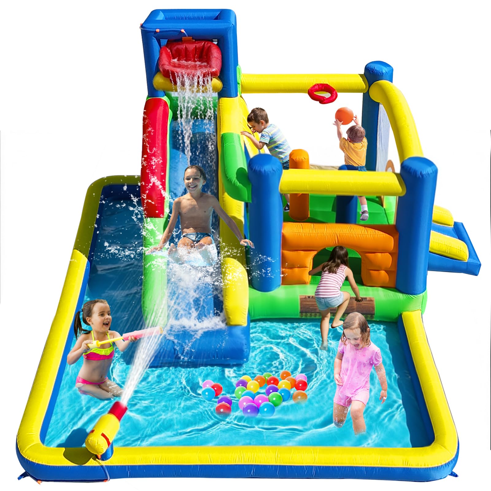 Baralir Inflatable Water Bounce House for Kids with Long Slide, Climbing Wall, Basketball Hoop, Craw-Through Hole, Tunnel &amp; Large Splash Pool – Perfect Inflatable Water Park for 3–10 Year Olds