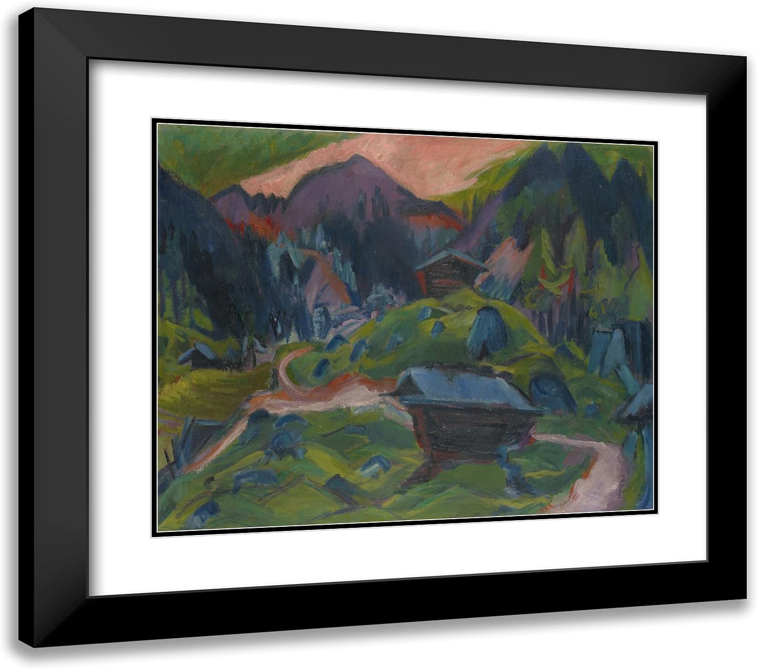 ArtDirect Ernst Ludwig Kirchner 23x20 Black Modern Framed and Double Matted Art Print Titled Kummeralp Mountain and Two Sheds