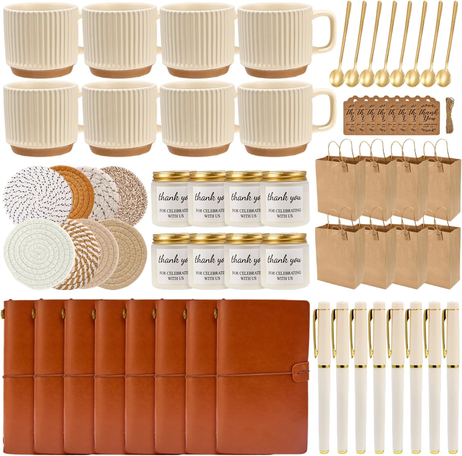 Baby Shower Prizes for Game Winners Baby Shower Games Prizes Ceramic Mugs with Metal Spoons Woven Coasters Notebooks Scented Candles Gift Bags Wedding Bridal Shower Favors for Guests (8, Brown)