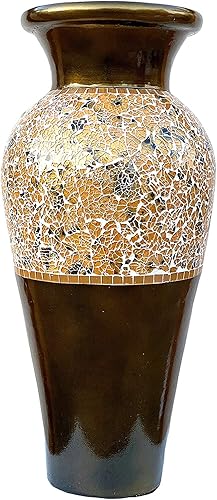 Jarrón de mosaico de 18 pulgadas, cilindro alto hecho de latón con diente de león y piezas de mosaico de vidrio blanco, pieza decorativa hecha a