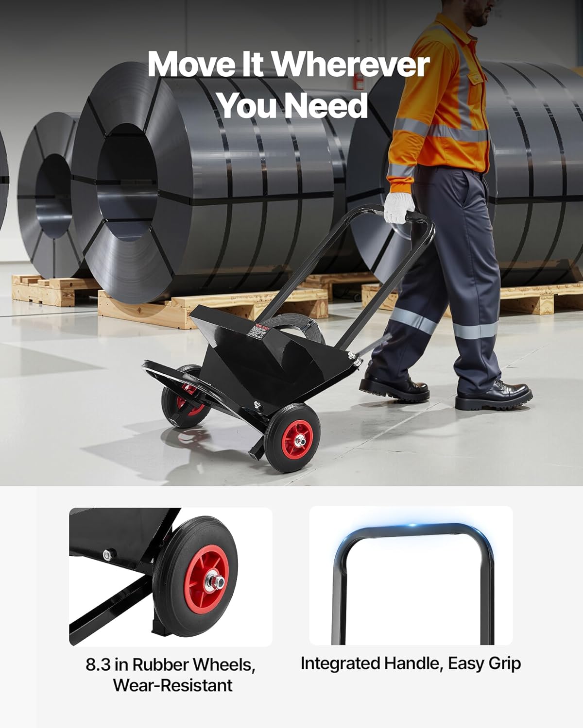 VEVOR Banding Strapping Cart, Fit for Steel Strapping Coils with 23.6 inches Core Outer Size, Heavy Duty Strapping Dispenser with Rubber Wheels, Suitable for Factory, Warehouse, Loading Area