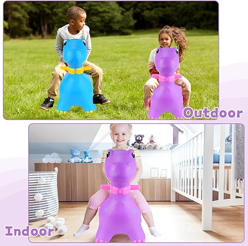 Miniatura 6 de 2 piezas de dinosaurios inflables de dinosaurio saltando con bomba de dinosaurio para montar en saltar juguetes para niños de 6 años o más, 2 colores