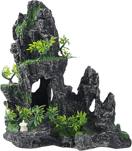 Miniatura 7 de Decoraciones grandes para pecera, adorno de acuario con vista de montaña con puente de cueva de casa de árbol, grande