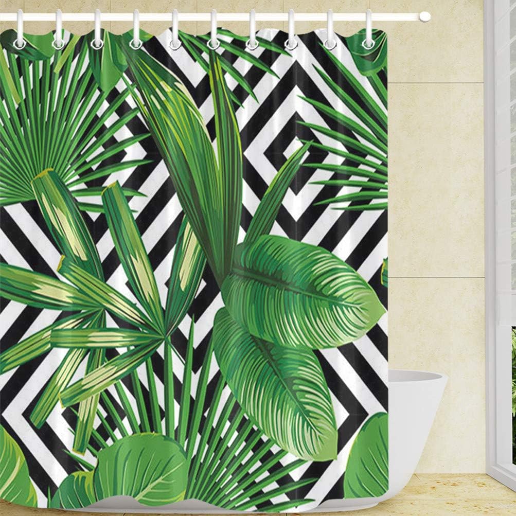 LB Green Shower Curtain Mould Proof Resistant- Black and White Waterproof Polyester Fabric Bath Curtain for Bathroom Decor with Hooks 150x180cm