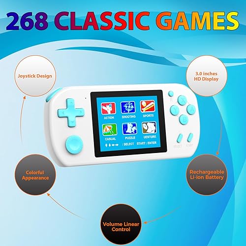 Miniatura 2 de Consola de juegos de mano para niños, pantalla grande de 3.0 pulgadas con 268 videojuegos clásicos retro integrados, personas mayores, jugadores de