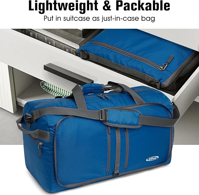 G4Free Foldable Duffel Bag, 40L/65L, Water Repellent Travel Backpack, Lightweight Tote Bag for Overnight Weekend Sports Men Women, Dark Blue, 40L