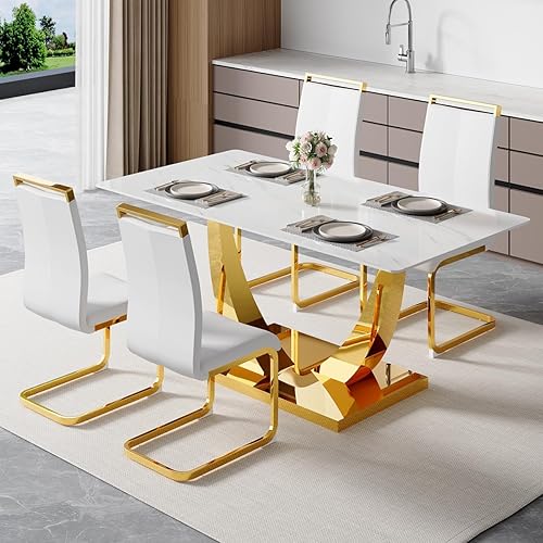63” Dining Room Table Set for 4,Modern Gold Dining Table Set for 4, Rectangle Kitchen Table Set with Leather Chairs, White Faux Marble Dinner Table Set with Tempered Glass Top and Golden Base
