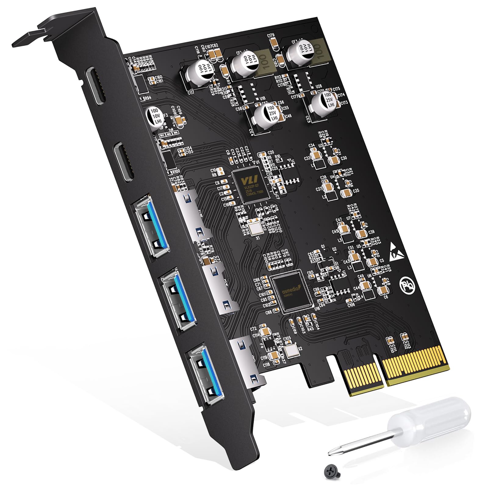 5-Port USB 3.2 PCIe Card, 2 USB-C and 3 USB-A, Shared 10Gbps, Data Only