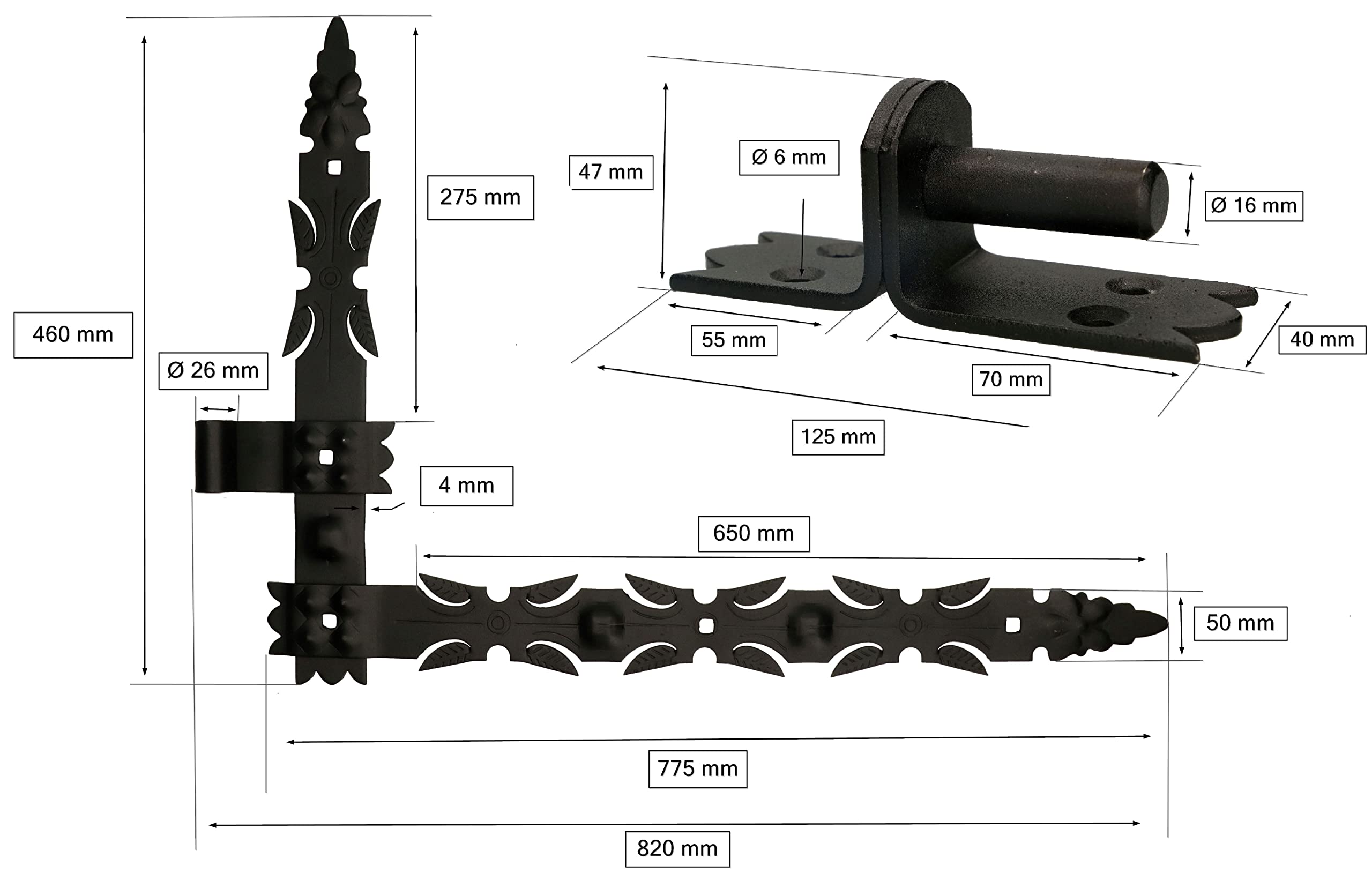 KOTARBAU® 2 x Bisagras angulares de acero forjado, Herraje para contraventanas, puertas, Bisagras en L 800 mm, Bisagras para contraventanas de madera, Bisagras decorativas, 2 Goznes con pernios, Negro