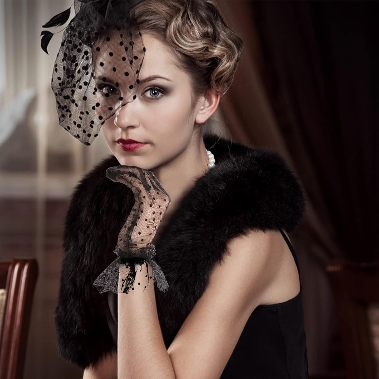 Vintage Fascinator Hat Women's Feather Mesh Face Veil Hat Tea Party Headwear with Hair Clip and Black Short Floral Lace Gloves for Women - Image 5