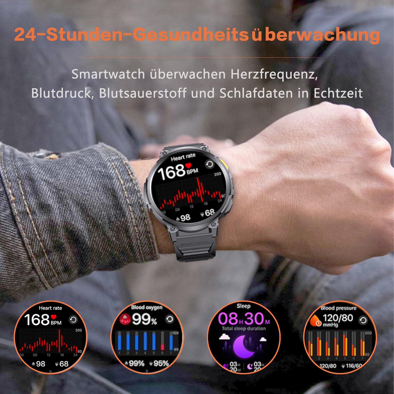 Smartwatch Militare Uomo, Chiamata Bluetooth, 1,85 Pollici HD Rugged Silicone Nero Smart watch Impermeabile, Durata 40 Giorni, 120+ Modalità Sportiva, 24H Monitoraggio Cardiofrequenzimetro/SpO2/Sonno