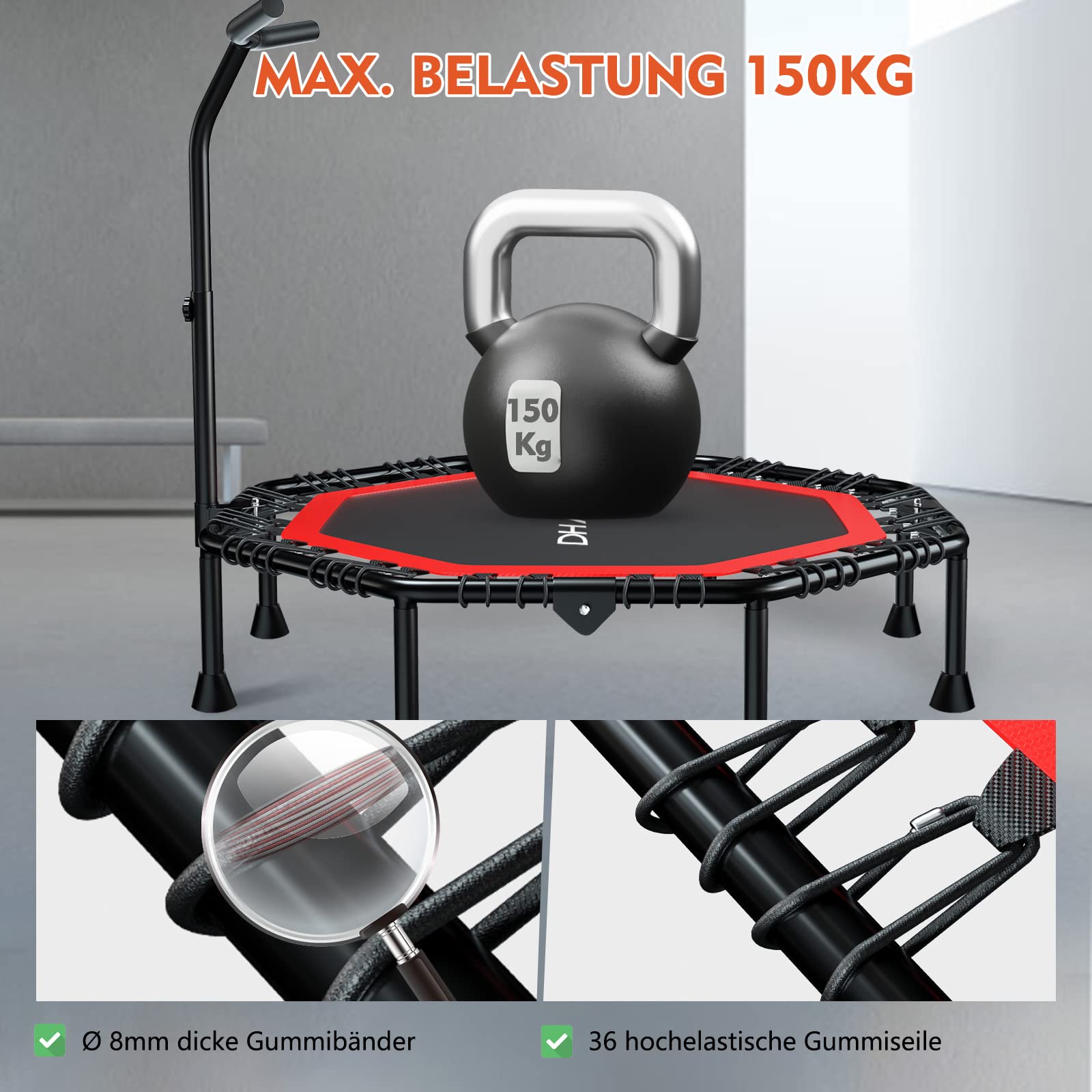 DH FitLife Fitness Trampolin klappbar Leise Gummiseilfederung ohne Installation | 50 Zoll 128cm Trampoline für Indoor & Outdoor Jumping | mit 3 verstellbaren Handgriffstufen